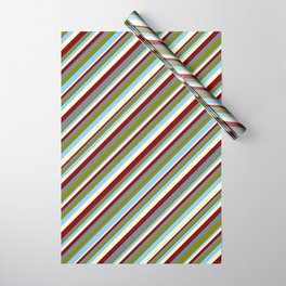 [ Thumbnail: Maroon, Slate Gray, Green, Light Sky Blue, and Light Yellow Colored Stripes/Lines Pattern Wrapping Paper ]