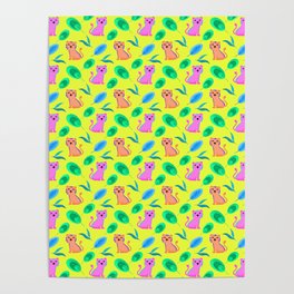 Cute happy little baby pink tigers tropical rainforest exotic green blue leaves yellow pattern Poster