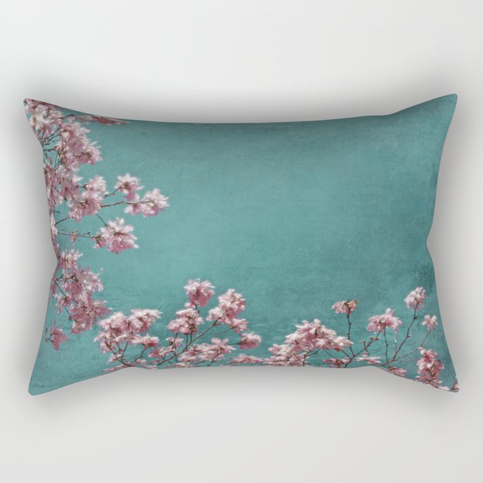 Pink Apple Blossoms on Teal Blue Green Sky Rectangular Pillow