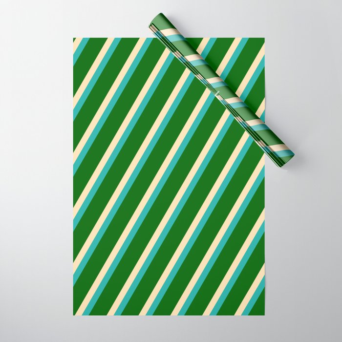 Beige, Light Sea Green & Dark Green Colored Lined Pattern Wrapping Paper