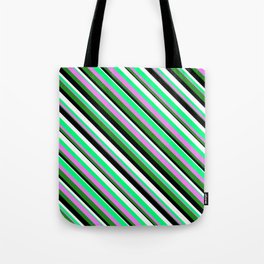 [ Thumbnail: Green, Violet, Forest Green, Black, and White Colored Stripes Pattern Tote Bag ]