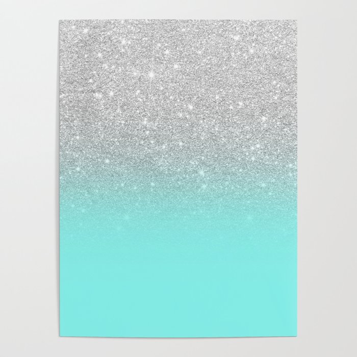 Modern girly faux silver glitter ombre teal ocean color bock Poster