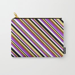 [ Thumbnail: Vibrant Tan, Brown, Dark Orchid, White & Black Colored Lines Pattern Carry-All Pouch ]