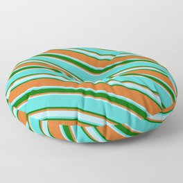 [ Thumbnail: Turquoise, Dark Green, Chocolate & Powder Blue Colored Lines Pattern Floor Pillow ]