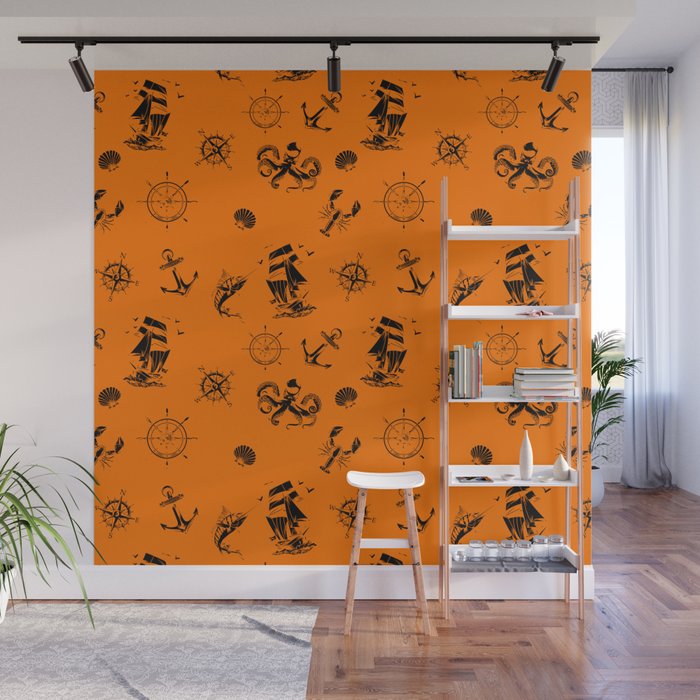 Orange And Black Silhouettes Of Vintage Nautical Pattern Wall Mural