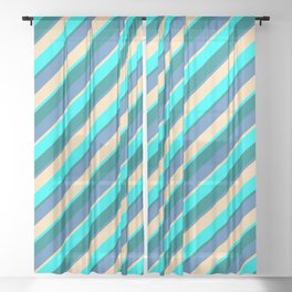 [ Thumbnail: Blue, Tan, Aqua, and Teal Colored Striped/Lined Pattern Sheer Curtain ]