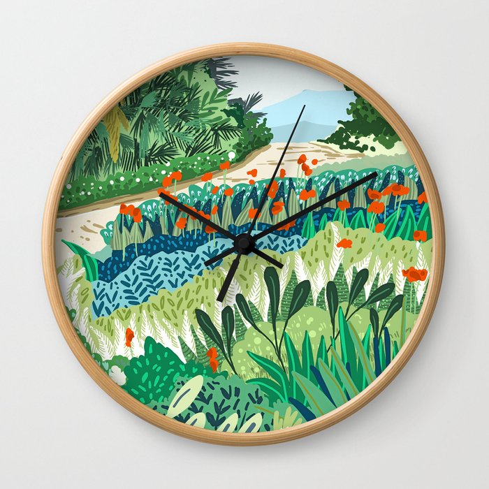 Solo Walk, Nature Jungle Forest Tropical Colorful Vibrant Bortanical Illustration Painting Wall Clock
