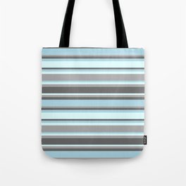 [ Thumbnail: Dark Gray, Dim Gray, Light Blue & Light Cyan Colored Stripes Pattern Tote Bag ]