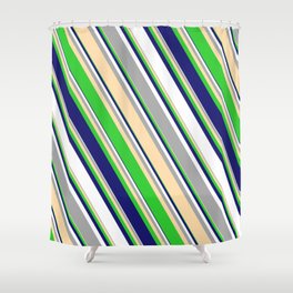 [ Thumbnail: Eyecatching Dark Grey, Tan, Lime Green, Midnight Blue, and White Colored Pattern of Stripes Shower Curtain ]