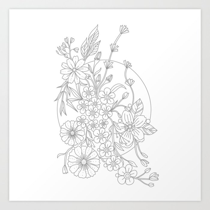 Zentangle wild flowers with white moon Art Print