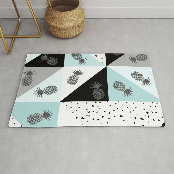 Teal Black White Dots Pineapple Geometrical Color Block Rug By