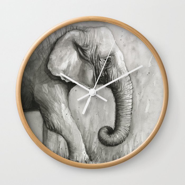 Elephant Black and White Watercolor Wall Clock