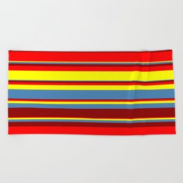 [ Thumbnail: Red, Yellow, Blue & Dark Red Colored Stripes/Lines Pattern Beach Towel ]
