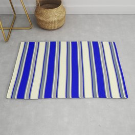 [ Thumbnail: Beige, Dark Grey, Blue, and Slate Gray Colored Pattern of Stripes Rug ]
