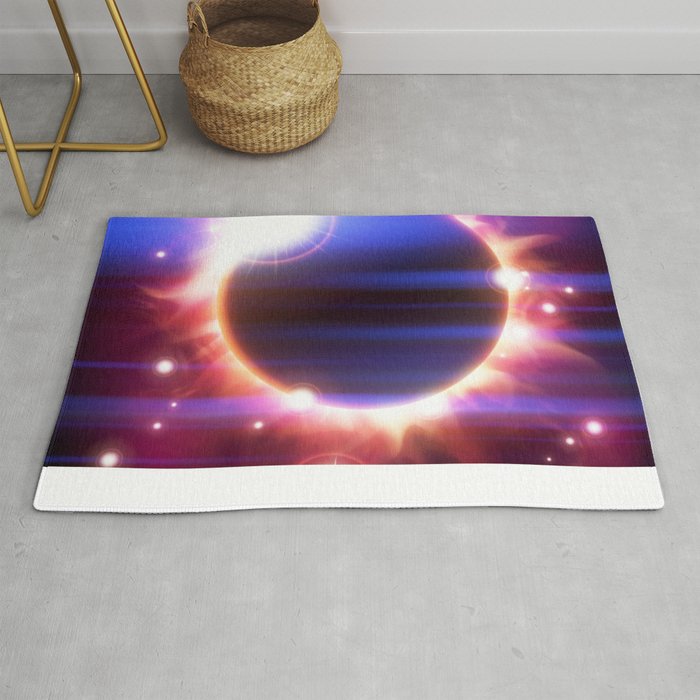 An outer space background with an eclipse, planets and stars.  Rug