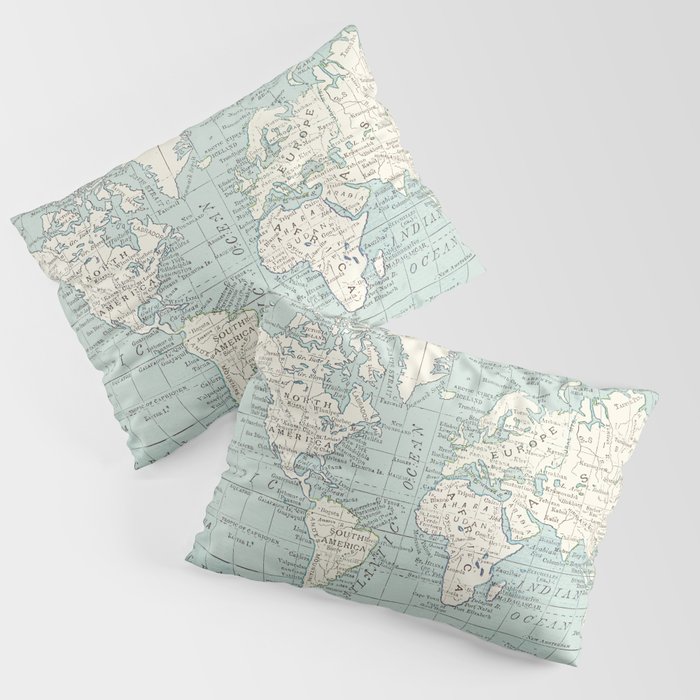 World Map in Blue and Cream Pillow Sham