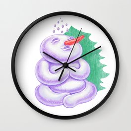 Pencil illustration of cute smiling snowman doing yoga, meditation next to christmas tree Wall Clock