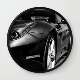 Super Car // Front Wheel Base Low Rims Dark Charcol Gray Black and White Wall Clock