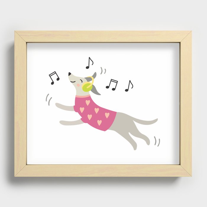 Music lover dancing dog with headphones  Recessed Framed Print