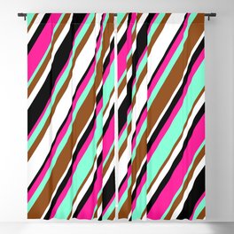 [ Thumbnail: Vibrant Deep Pink, Aquamarine, Brown, White, and Black Colored Striped Pattern Blackout Curtain ]