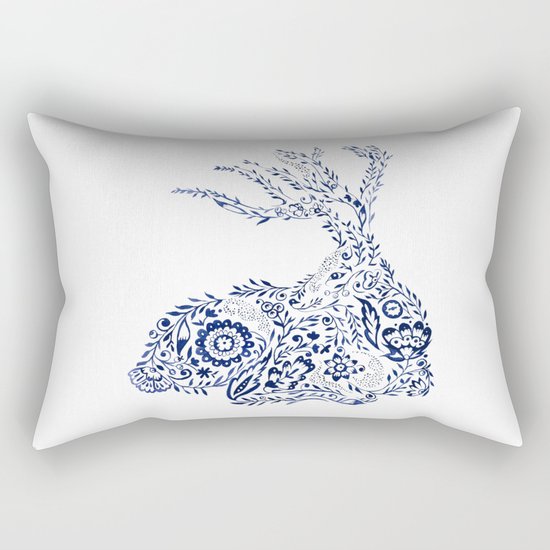 Folk Floral Indigo Deer Rectangular Pillow