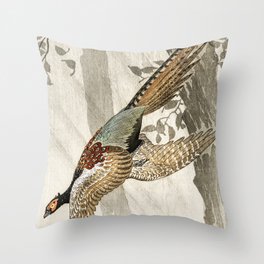 Pheasant flying down from the tree - Vintage Japanese woodblock print art Throw Pillow