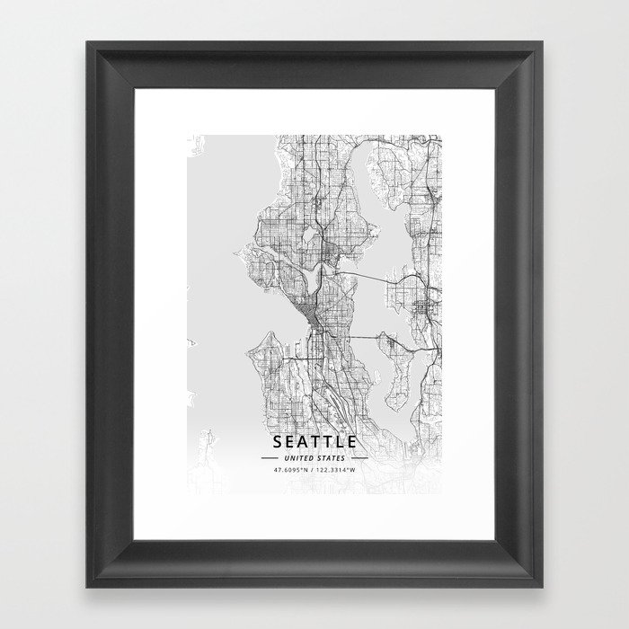 Seattle, United States - Light Map Framed Art Print