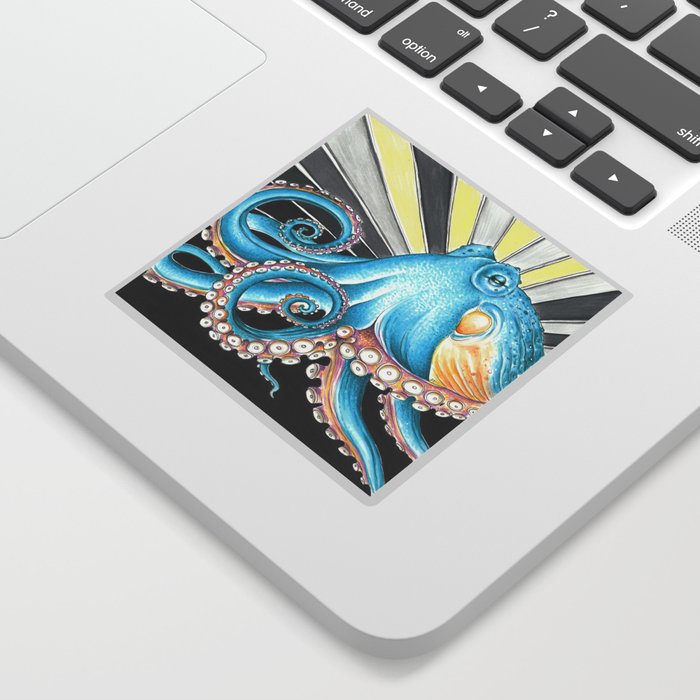 Blue Octopus Tentacles Kraken Retro Stripes Ink Art Sticker