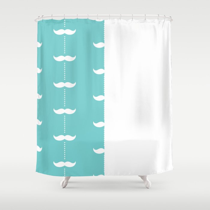 White Mustache on Turquoise Mint Green  and White Vertical Split Shower Curtain