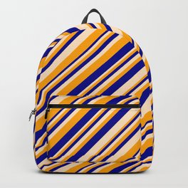 [ Thumbnail: Bisque, Orange, and Dark Blue Colored Stripes/Lines Pattern Backpack ]