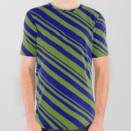 [ Thumbnail: Green & Blue Colored Striped/Lined Pattern All Over Graphic Tee ]