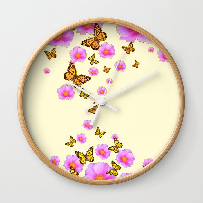 ABSTRACT PINK ROSES & MONARCH BUTTERFLIES Wall Clock