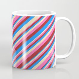 [ Thumbnail: Tan, Hot Pink, Brown & Blue Colored Striped Pattern Coffee Mug ]