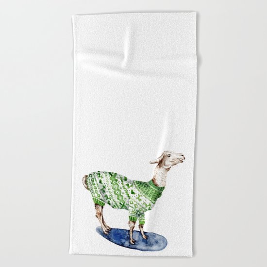 Llama in a Green Deer Sweater Beach Towel
