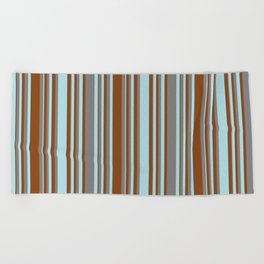 [ Thumbnail: Brown, Powder Blue & Grey Colored Stripes/Lines Pattern Beach Towel ]