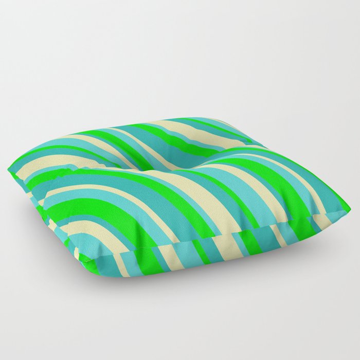 Lime, Light Sea Green, Pale Goldenrod & Turquoise Colored Stripes/Lines Pattern Floor Pillow