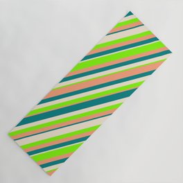 [ Thumbnail: Beige, Chartreuse, Light Salmon, and Teal Colored Lines Pattern Yoga Mat ]