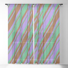 [ Thumbnail: Purple, Sea Green & Brown Colored Lined/Striped Pattern Sheer Curtain ]
