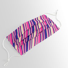 [ Thumbnail: Deep Pink, Blue, and Tan Colored Stripes/Lines Pattern Face Mask ]