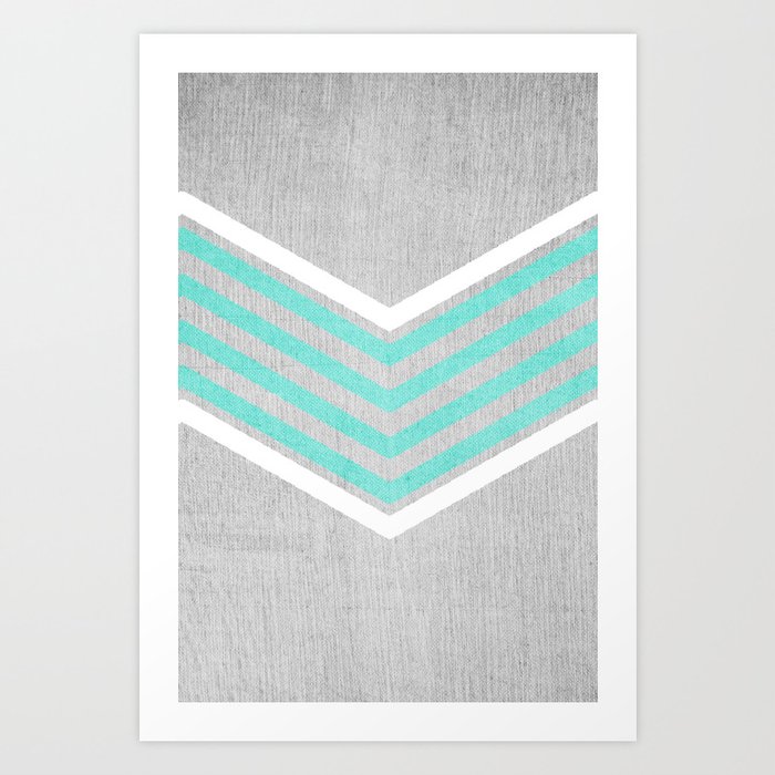 Teal and White Chevron on Silver Grey Wood Art Print