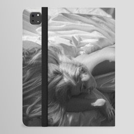 Gorgeous sleeping blonde in bed nude in sunlight and shadow black and white art photograph - photography - photographs iPad Folio Case