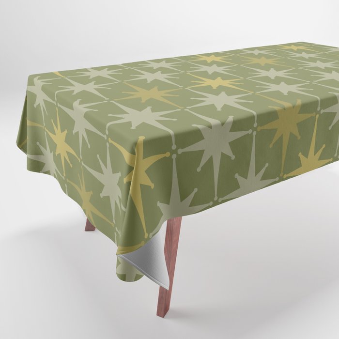 Midcentury Modern Atomic Starburst Pattern in Retro Olive Green and Vintage Celadon Tones Tablecloth