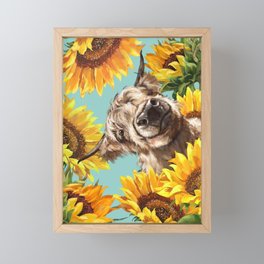 Highland Cow with Sunflowers in Blue Framed Mini Art Print