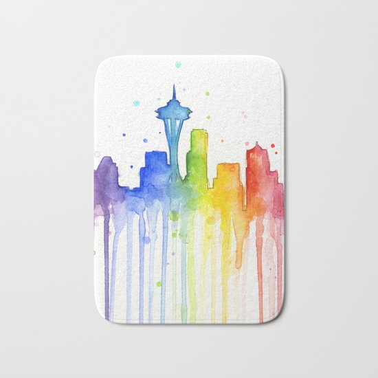Seattle Skyline Rainbow Watercolor Bath Mat