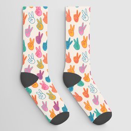 Peace And Victory Hand Sign In Rainbow Colours Pattern Socks