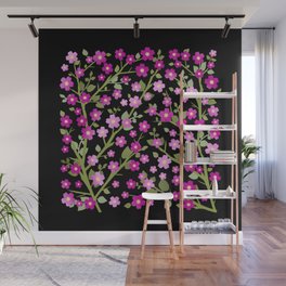 Lovely Blossoms - fuchsia pink on black Wall Mural