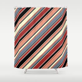 [ Thumbnail: Vibrant Dark Salmon, Slate Gray, Black, Light Yellow, and Brown Colored Lines/Stripes Pattern Shower Curtain ]