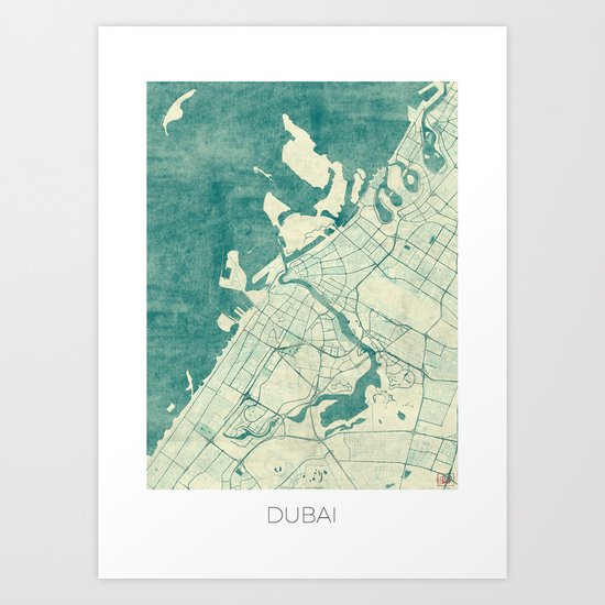 Dubai Map Blue Vintage Art Print