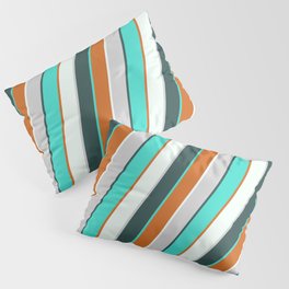 [ Thumbnail: Light Gray, Dark Slate Gray, Turquoise, Chocolate & Mint Cream Colored Stripes/Lines Pattern Pillow Sham ]
