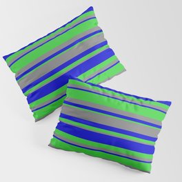 [ Thumbnail: Blue, Lime Green & Gray Colored Lined/Striped Pattern Pillow Sham ]